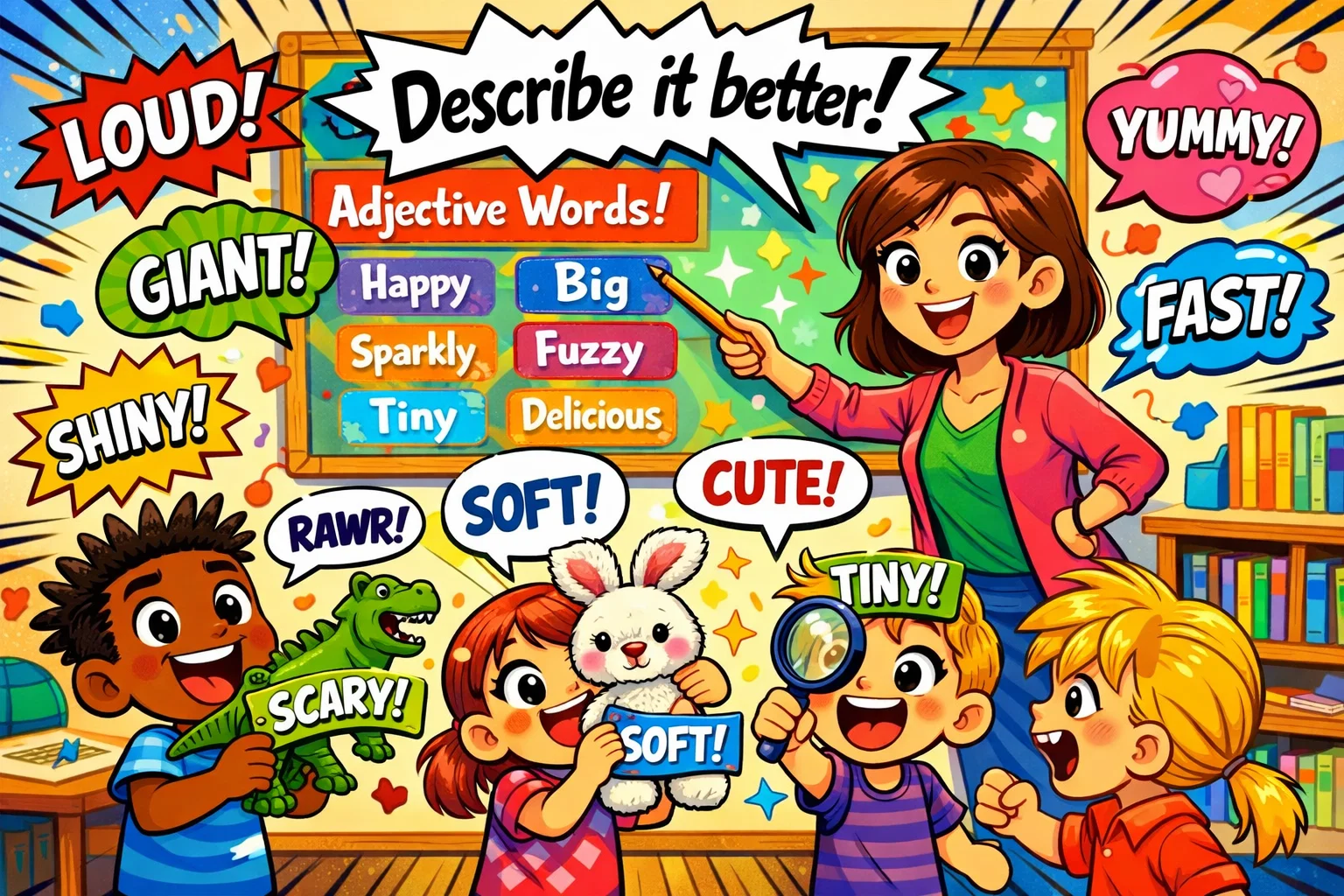 Adjectives for kids shown in a fun classroom learning activity.