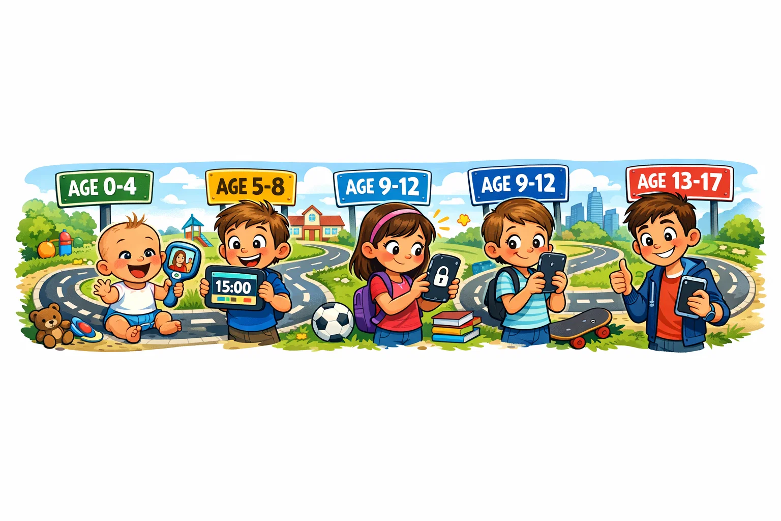 Age roadmap comic path guiding tech use from baby to responsible teen.
