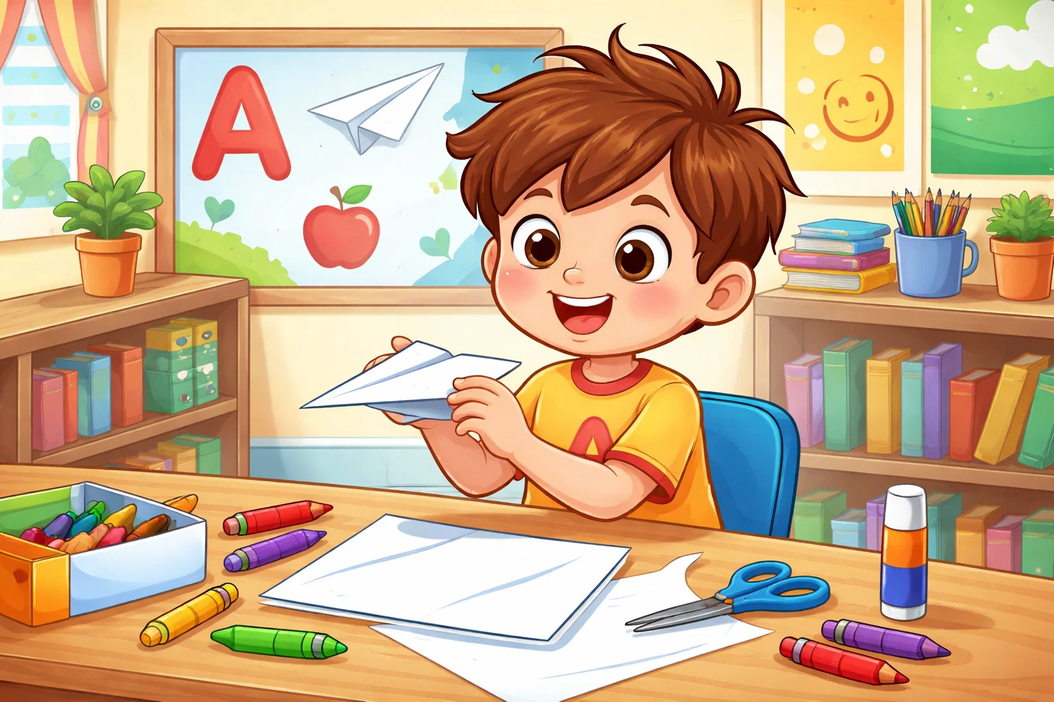 Airplane craft Letter A activity with child making paper airplane.
