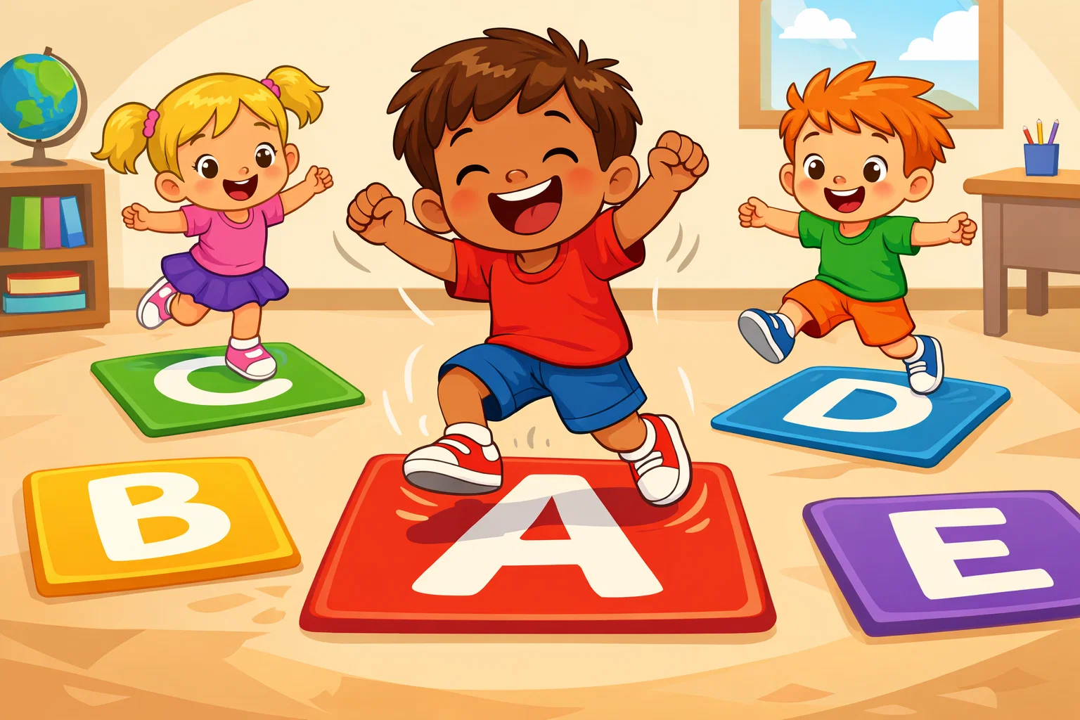  Alphabet hop Letter A game with child jumping on letter card.
