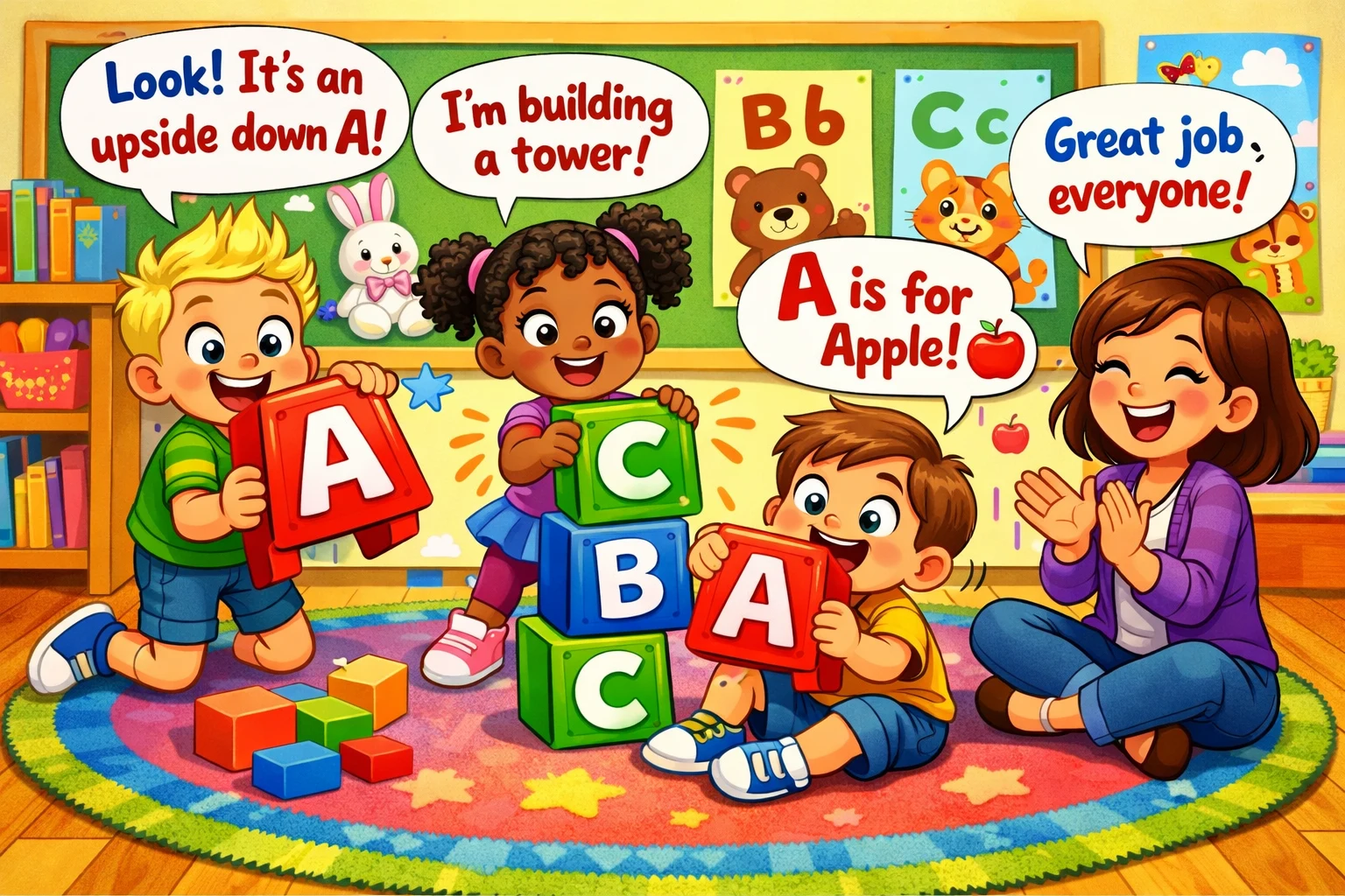 Kids enjoy playful alphabet learning with blocks and teacher guidance in a colorful classroom.