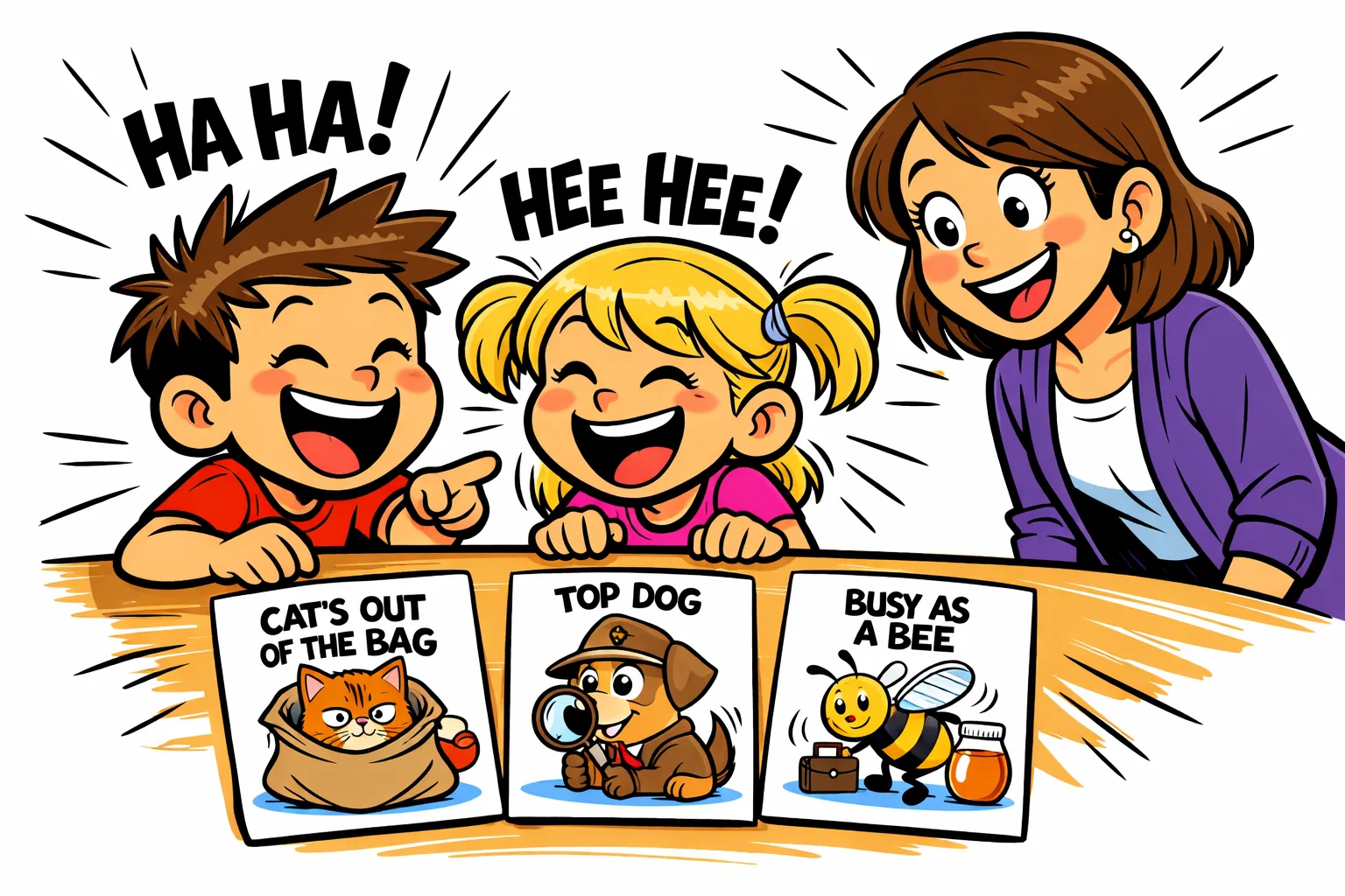 Animal idioms for kids with playful cartoon animals in class.
