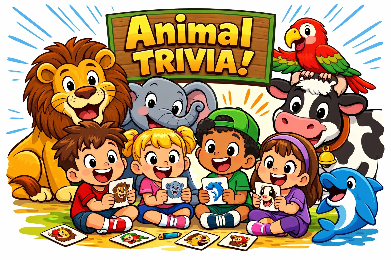 Animal trivia questions for kids with smiling animals and happy children in cartoon style.
