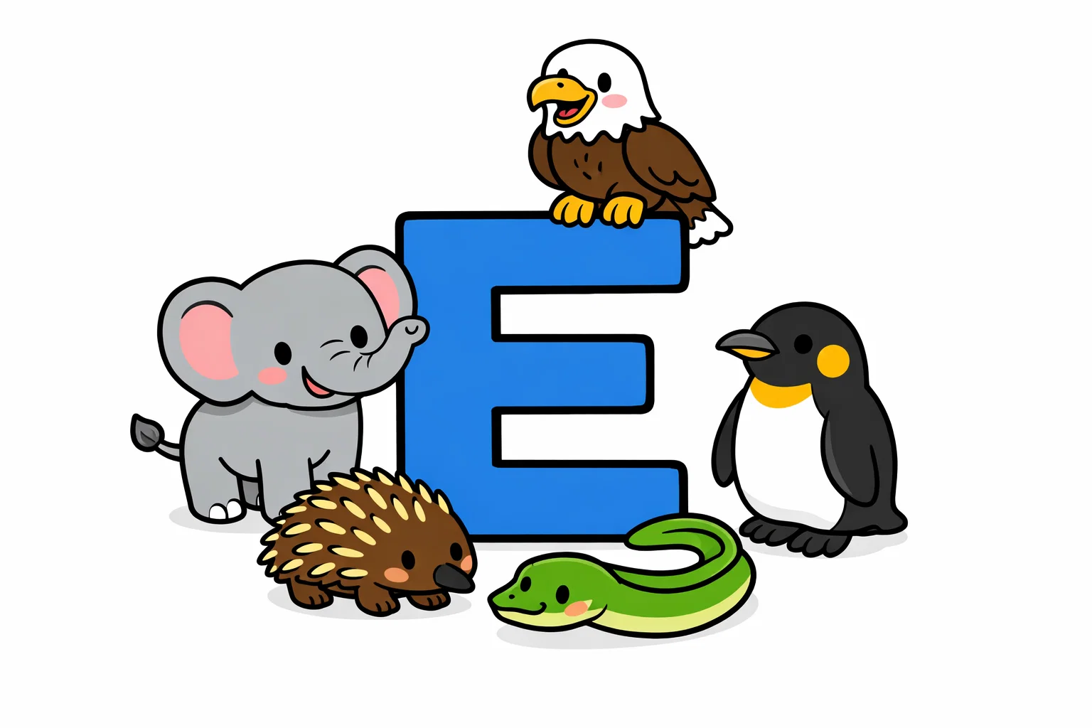 Animals that start with E cartoon with elephant, eagle, echidna, eel, and penguin.