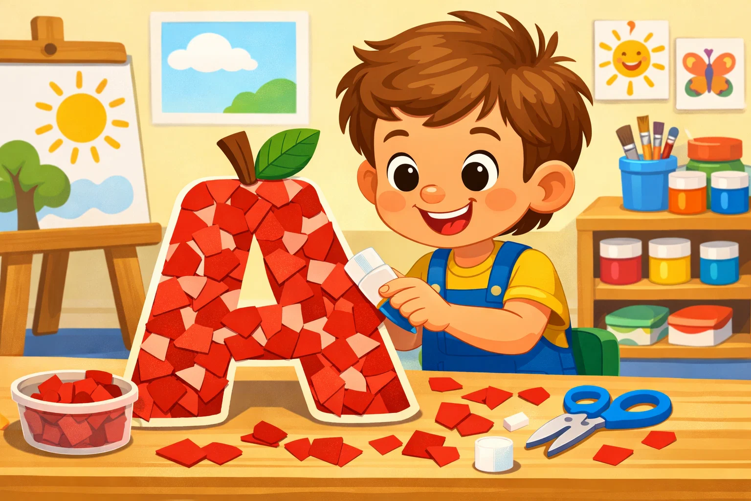  Apple collage Letter A craft with red paper on big letter shape.
