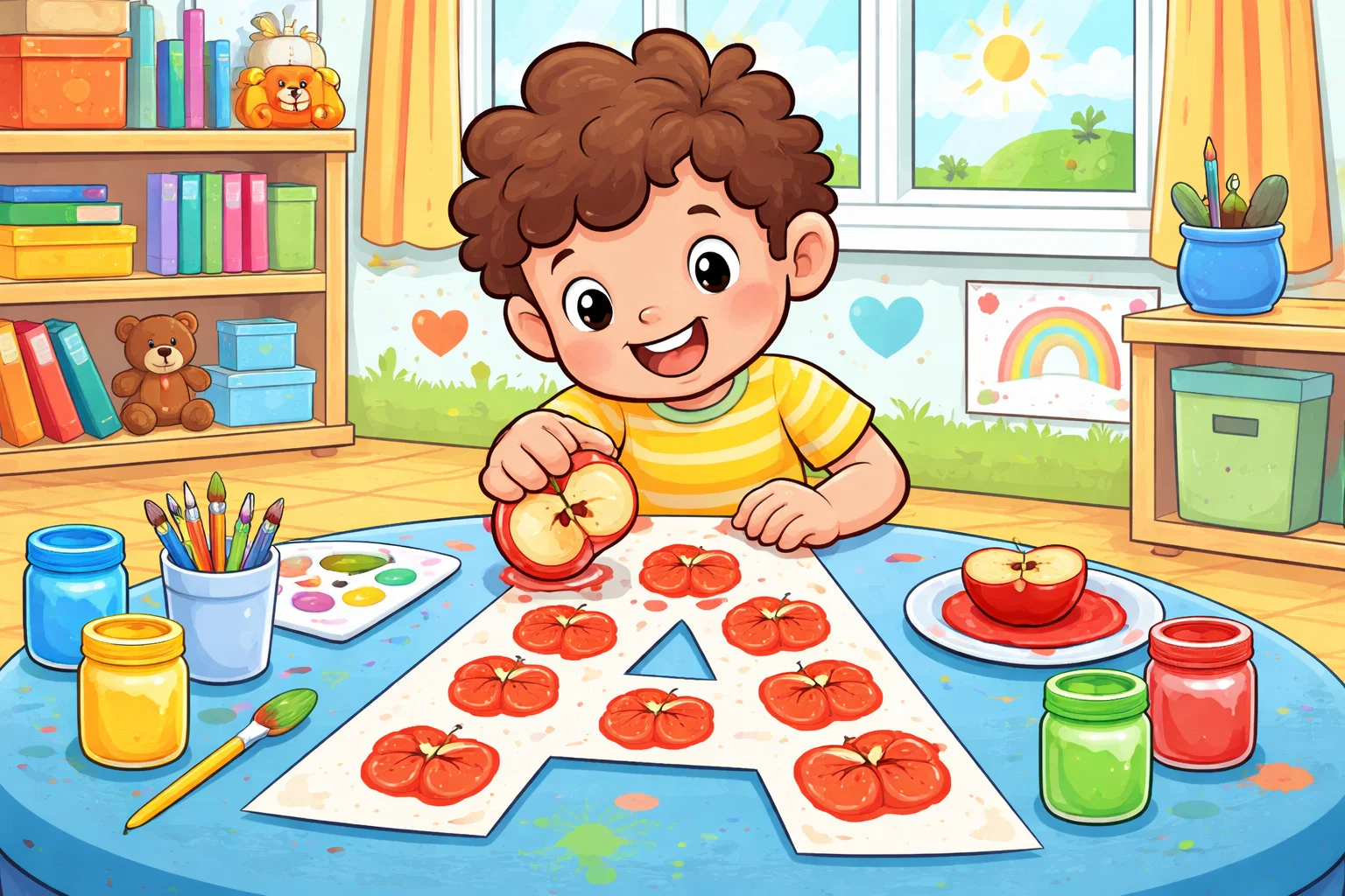 Apple printing Letter A activity making alphabet art with red paint.
