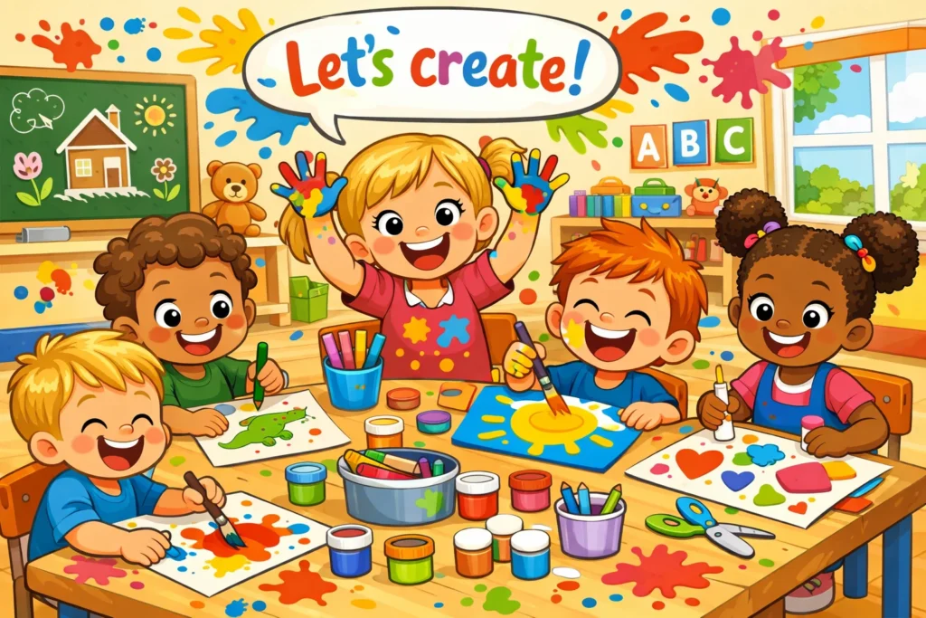 Art activities nursery class creative projects with kids painting and crafting.