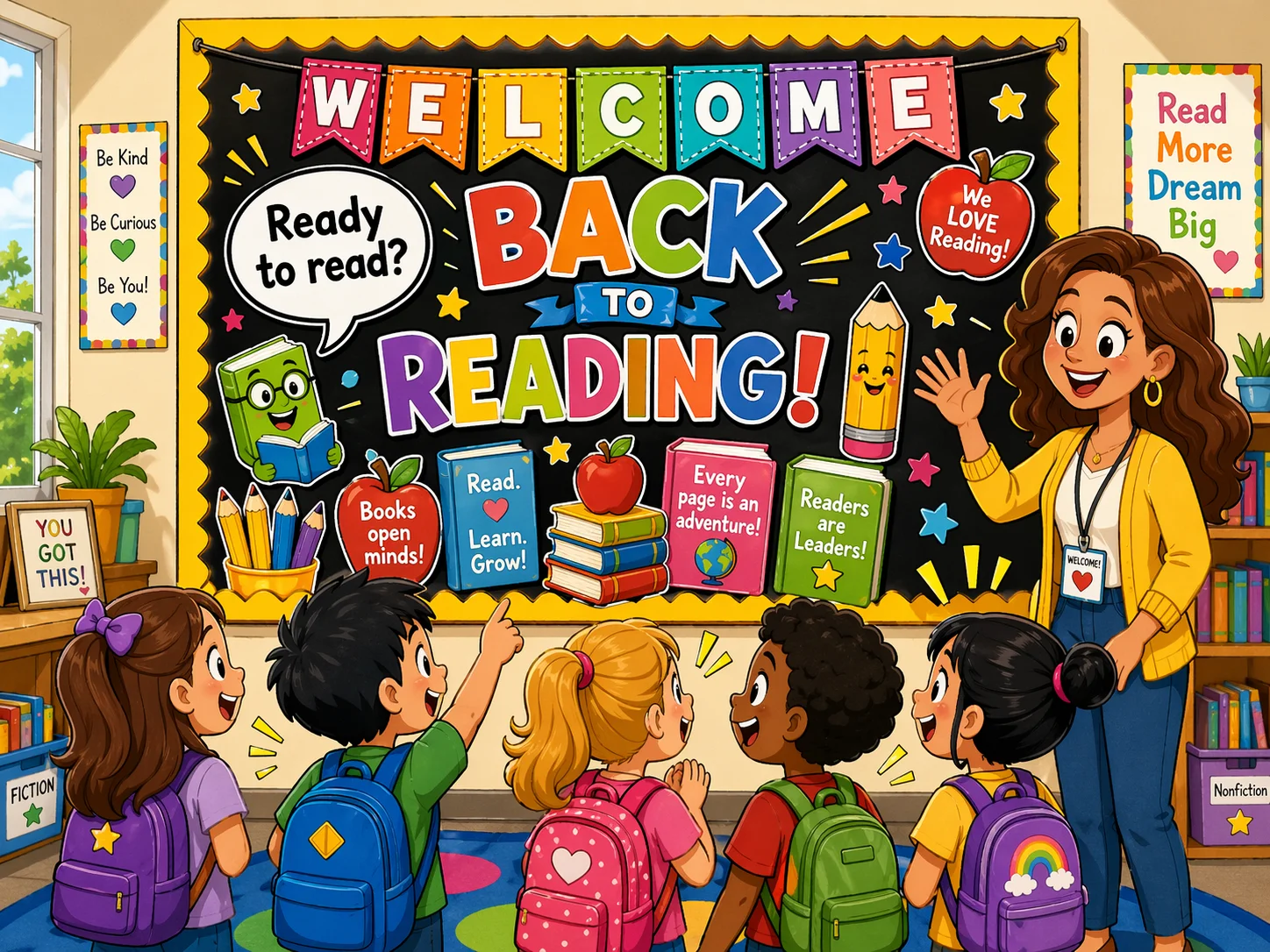 Back to school book display with books and welcome classroom decorations.