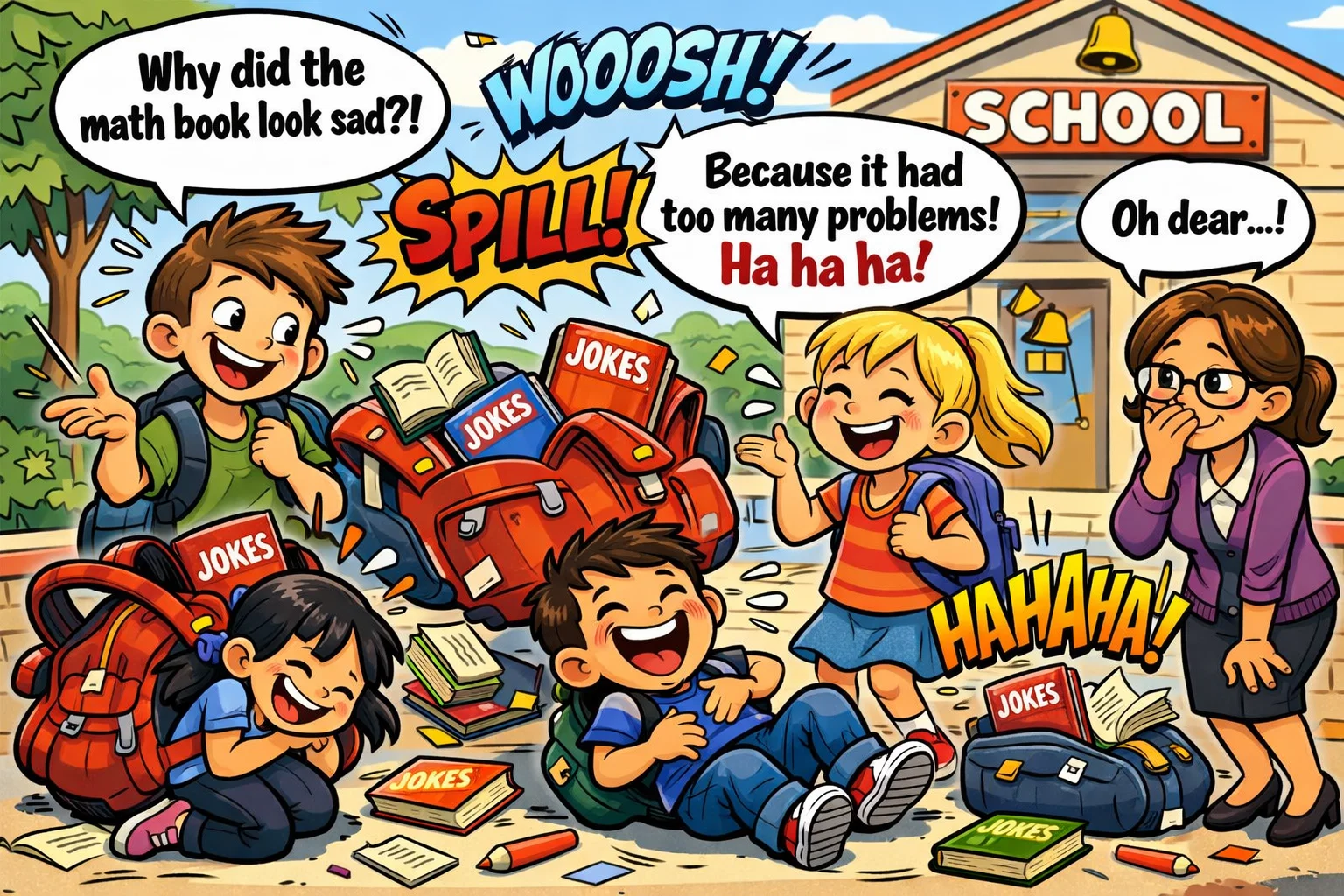  Back to school jokes kids laughing together on the first day of school.
