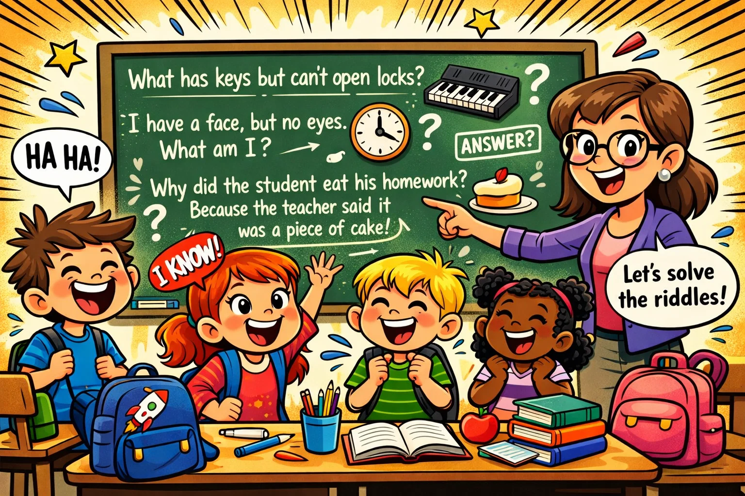 Back to school riddles for kids in cheerful classroom with books and backpacks.