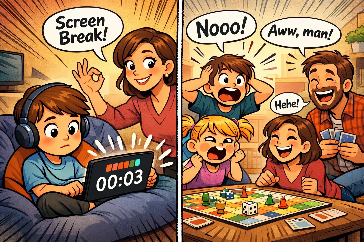 Balance family time and screen time with tablet limits and board games.
