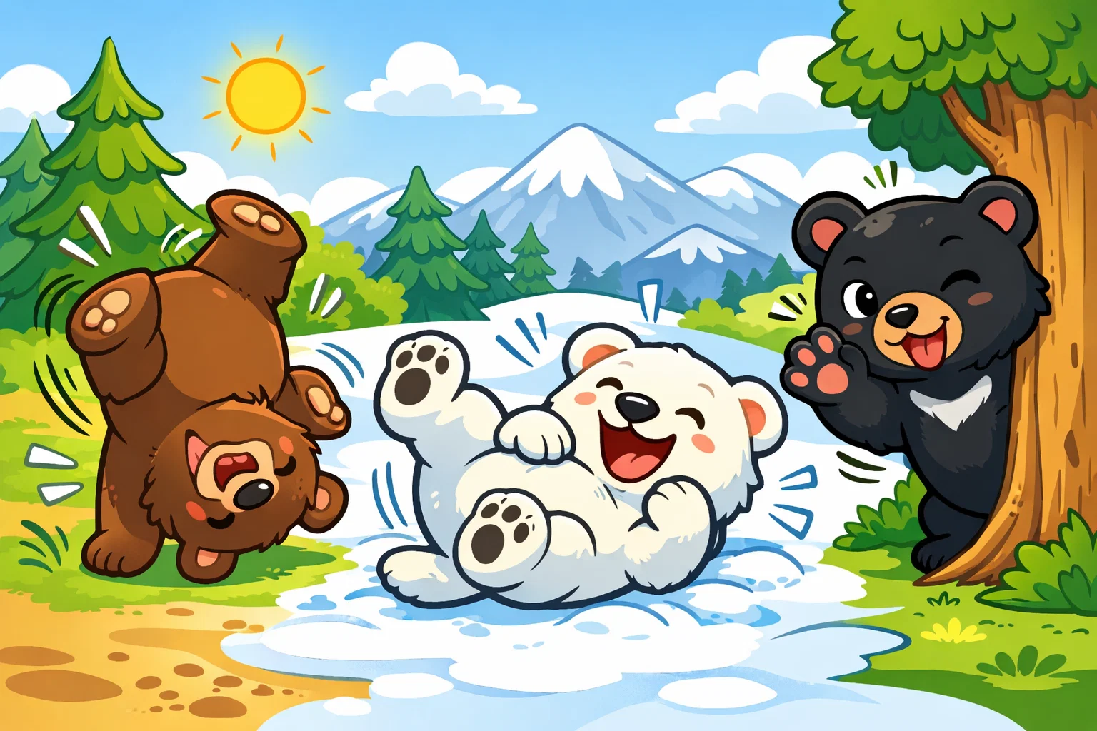 Bear facts for kids cartoon with polar bear, black bear, and brown bear.

