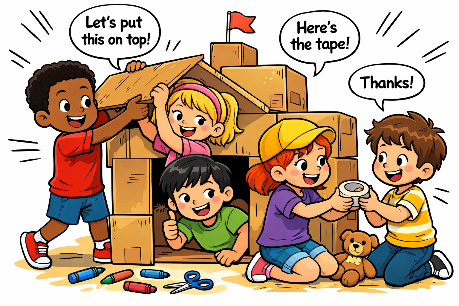 Benefits of cooperative play for kids include sharing and communication.
