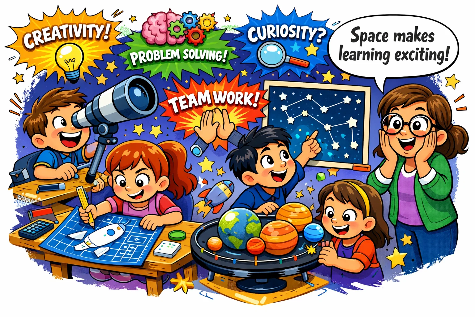 Benefits of STEM astronomy exploration for kids shown in collaborative class.