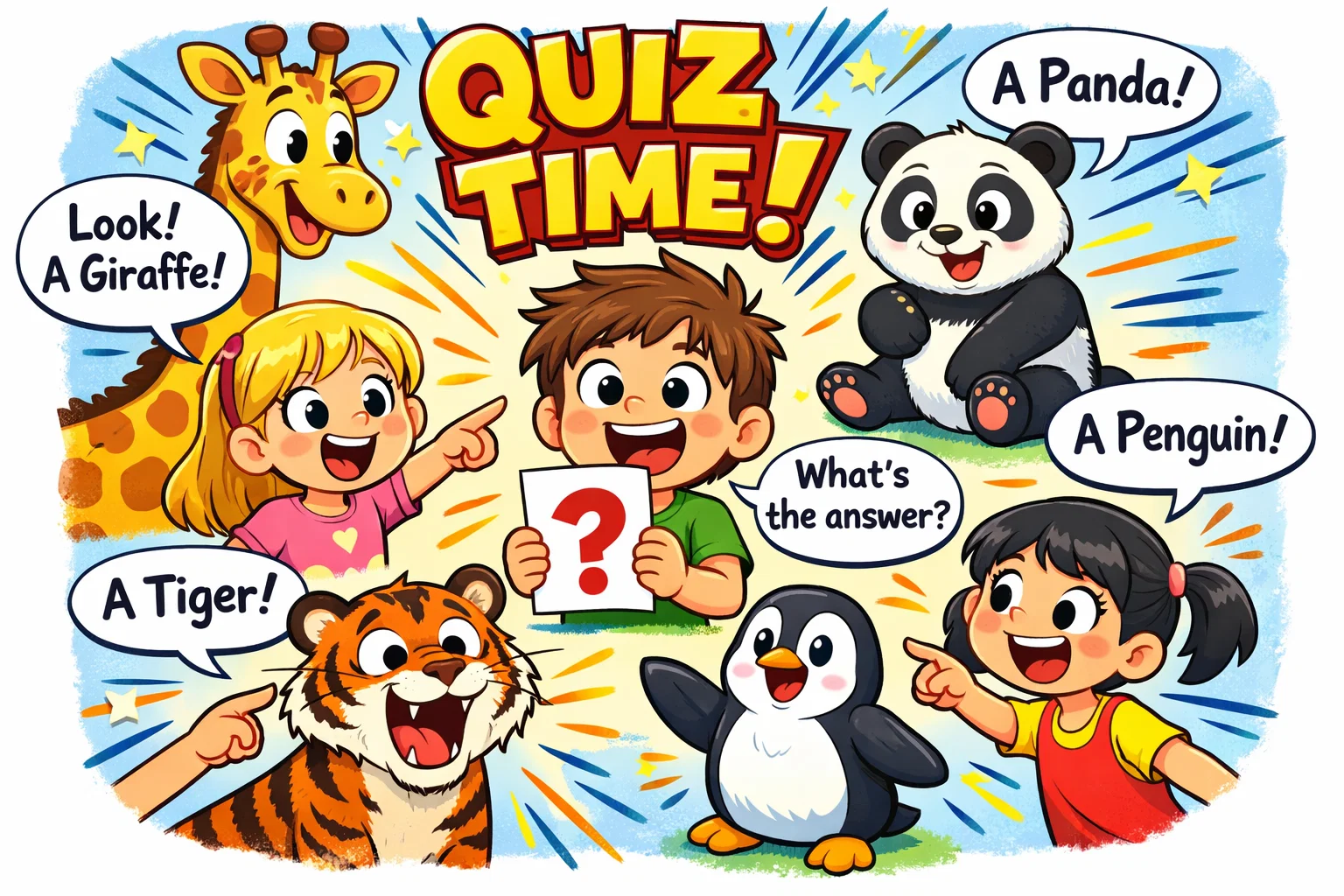 Best animal trivia questions for kids with children and popular animals in a cartoon quiz.