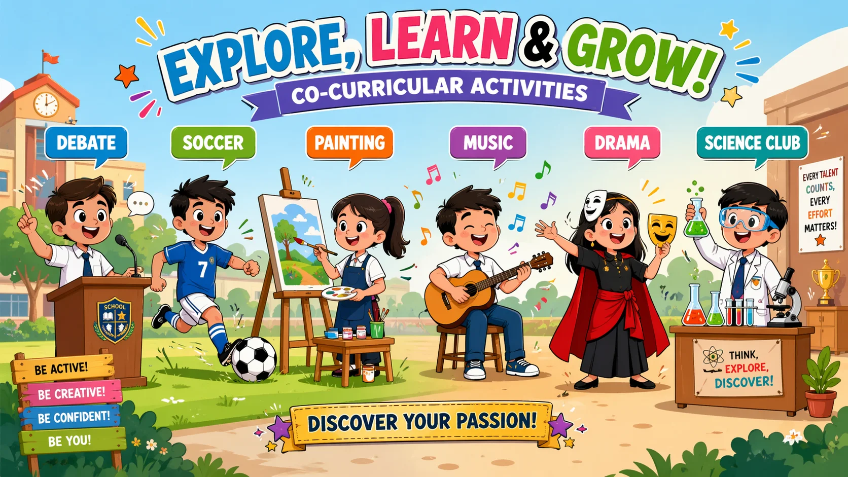 Best co curricular activities for students including music, debate, sports, and science.