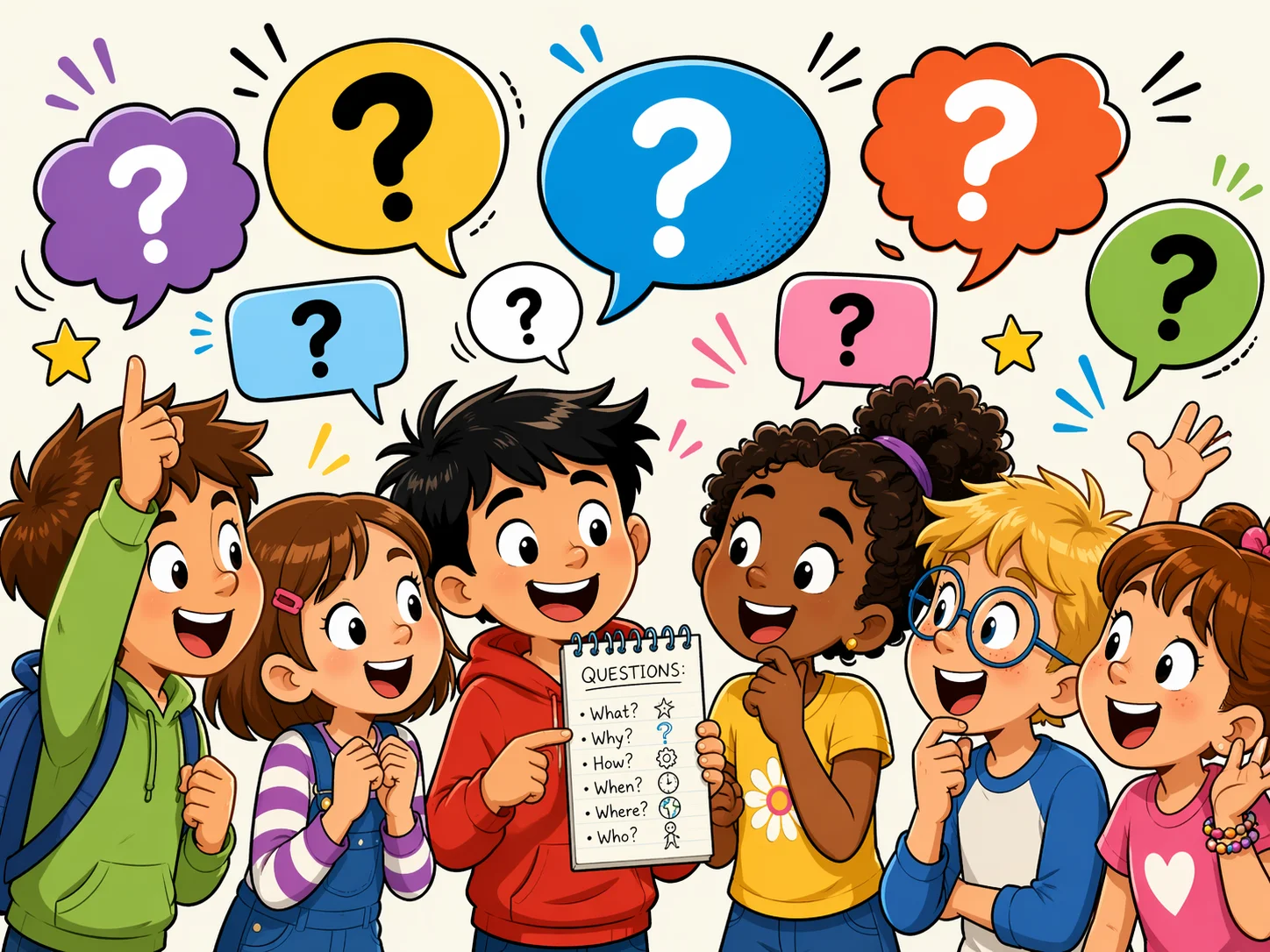 Best daily questions for kids in a playful list with excited children.