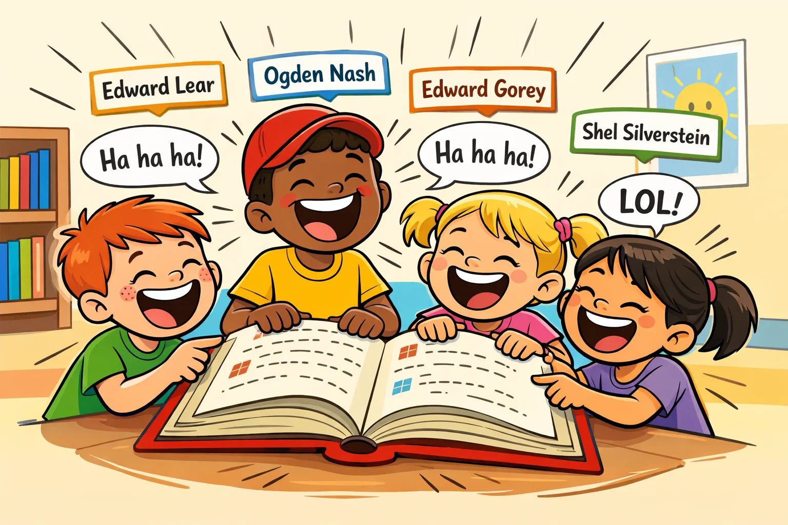 Best fun limerick examples for kids in a big open book scene.
