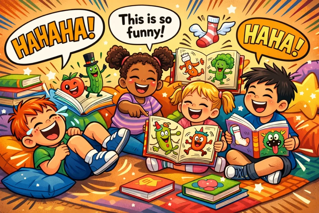 Kids enjoying the best funny stories reading and laughing together in a cozy room.