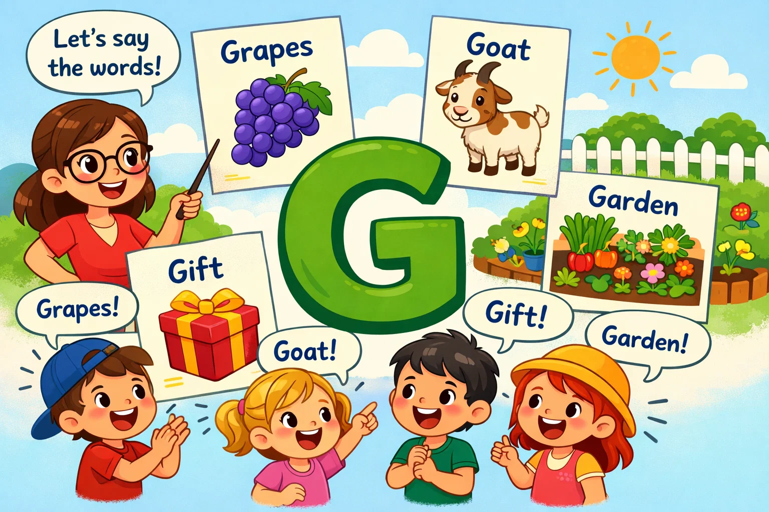 Best G words for kids with picture cards and teacher in a playful classroom scene.