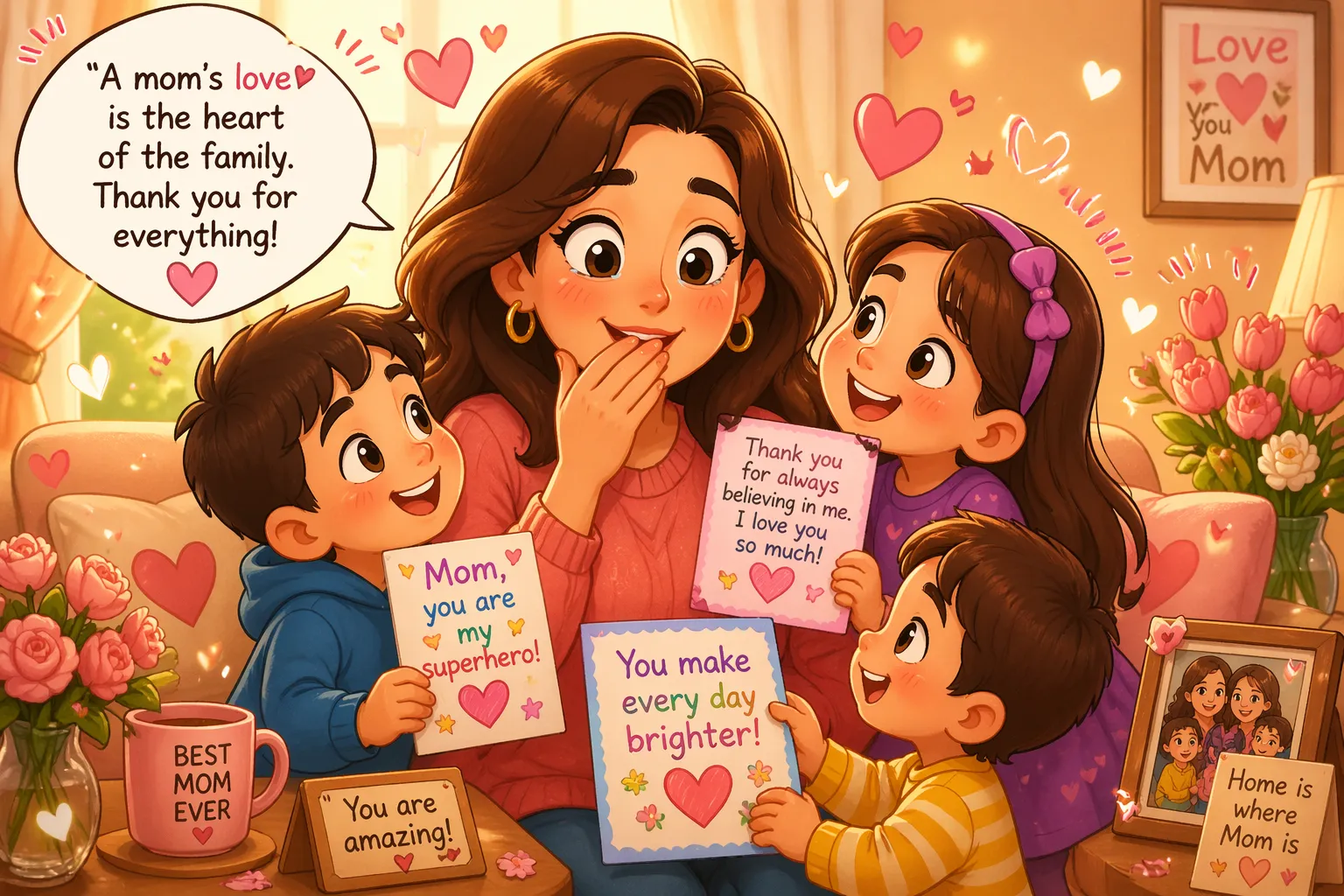 Best mom quotes kids love appreciation illustration with children hugging mom and sharing kind words.