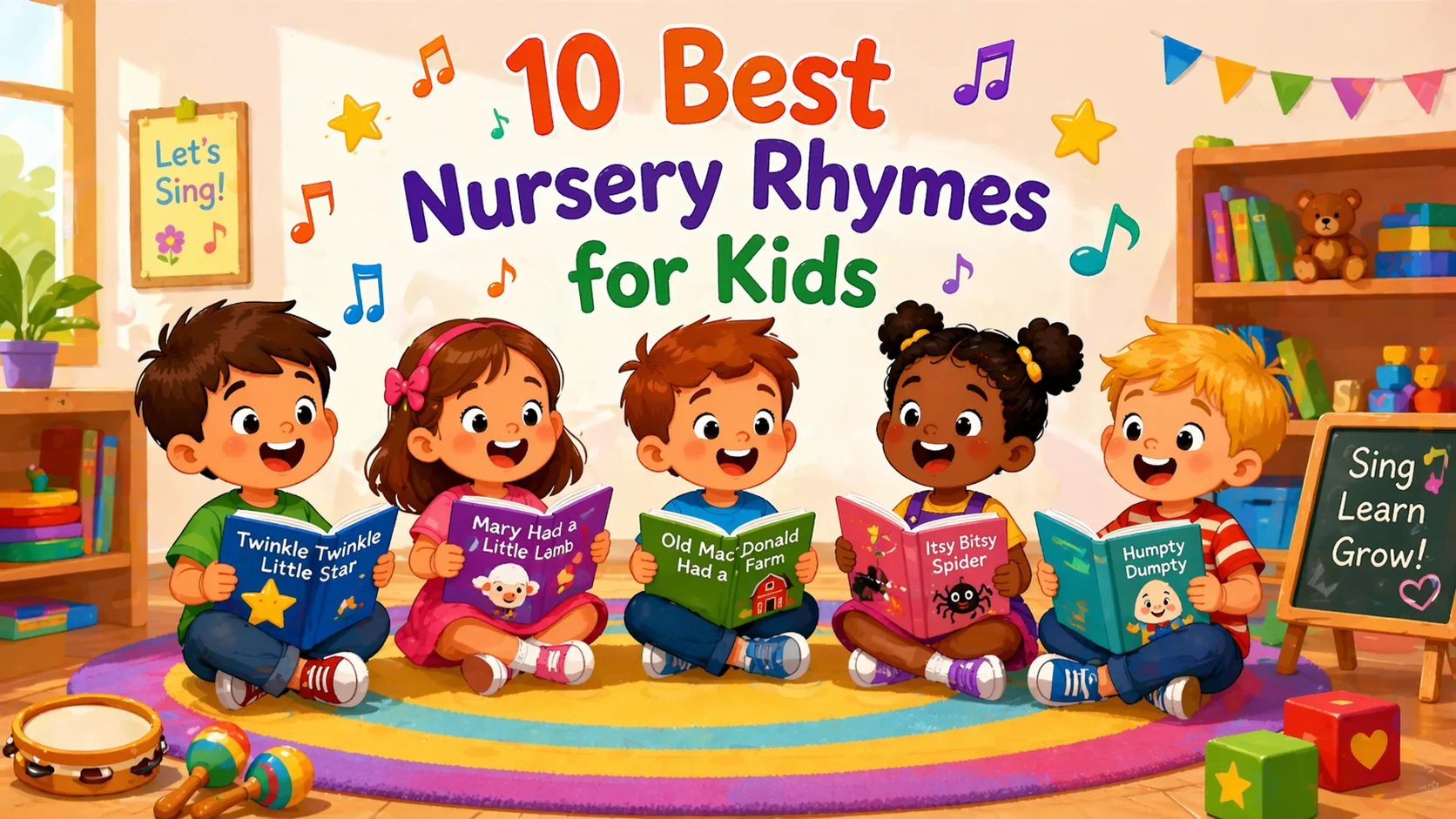 Best nursery rhymes for kids singing together in a bright classroom.