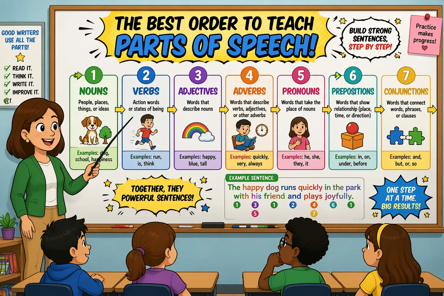 Best order teach parts of speech classroom sequence with teacher explaining step by step progression. 