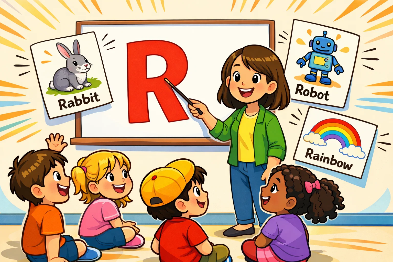 Best R words for kids vocabulary development with children and teacher in class.