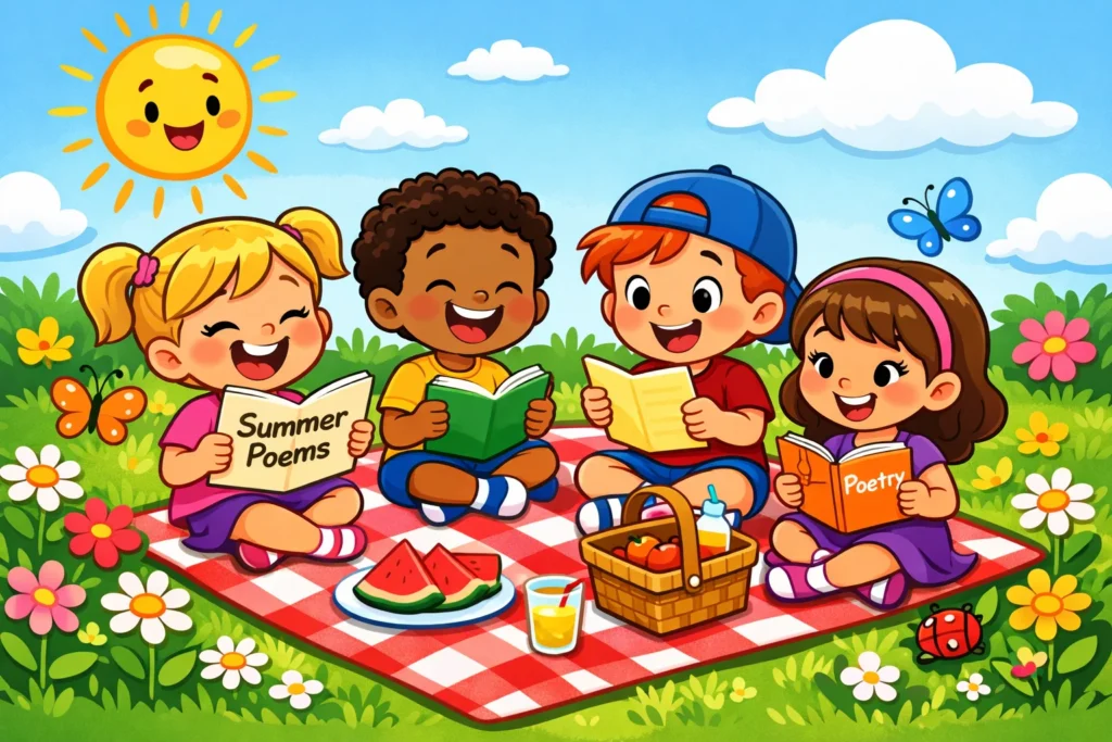 Best summer poems for kids in cartoon outdoor reading scene.