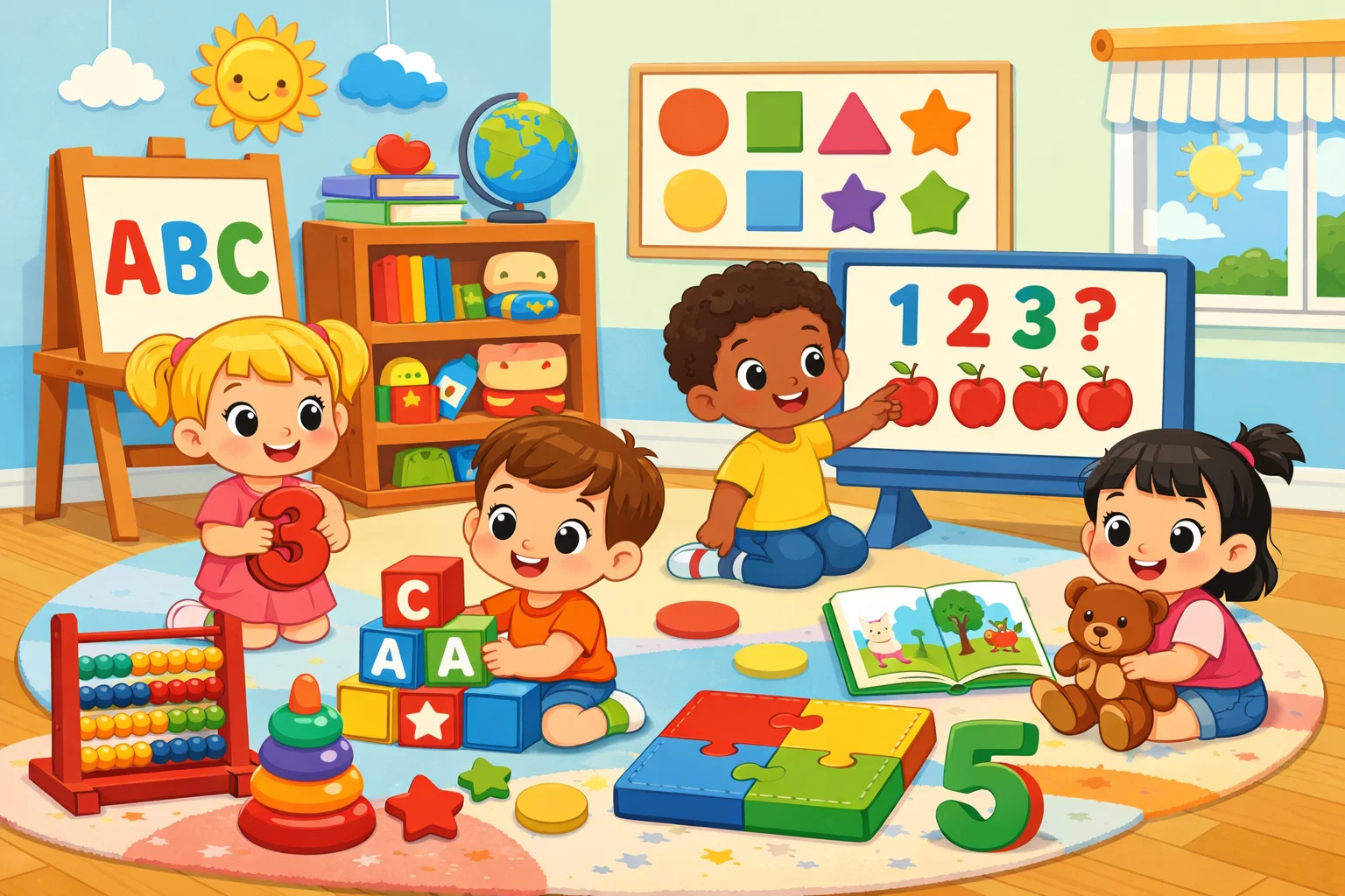 Best types of teaching aids for preschoolers in one classroom image.