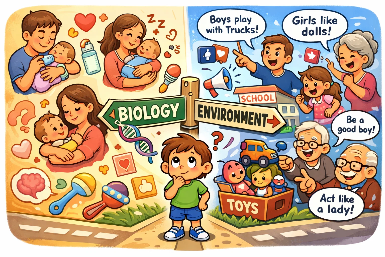 Biology or nurture in parenting showing care, socialization, and gender roles.