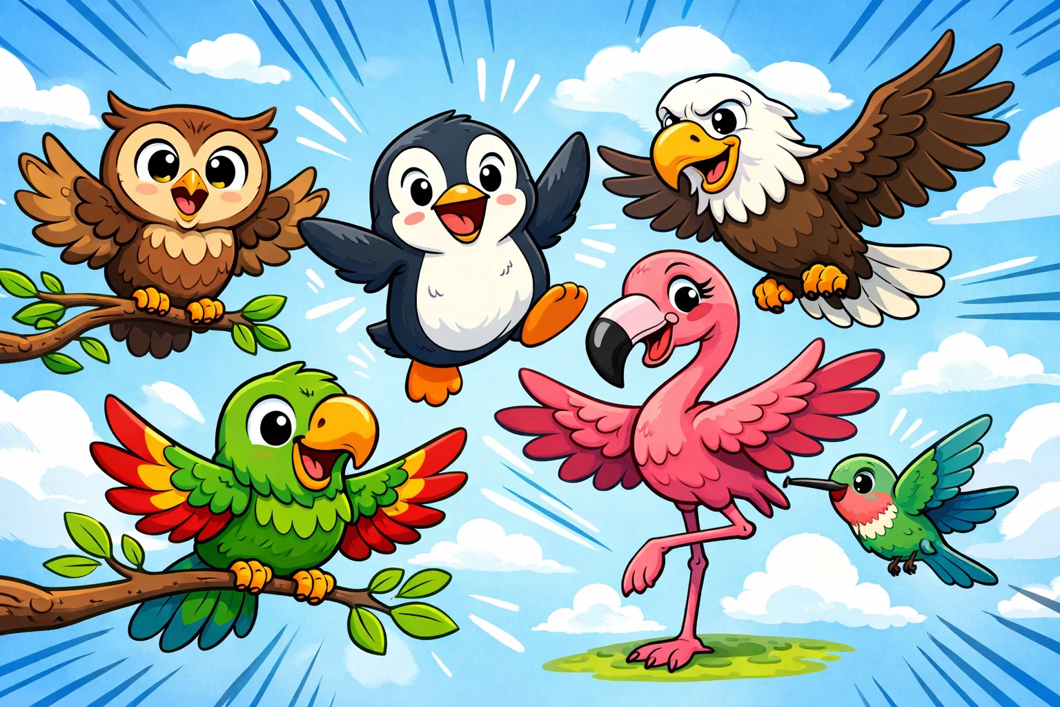 Bird facts for kids cartoon with owl, parrot, penguin, and hummingbird.
