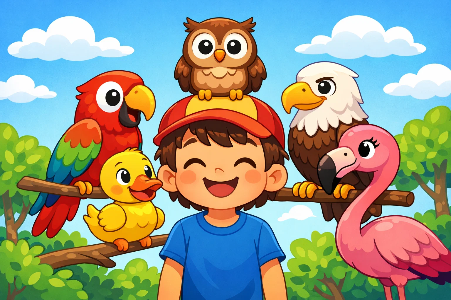  Bird names English kids image with parrot, owl, duck, eagle, and flamingo.
