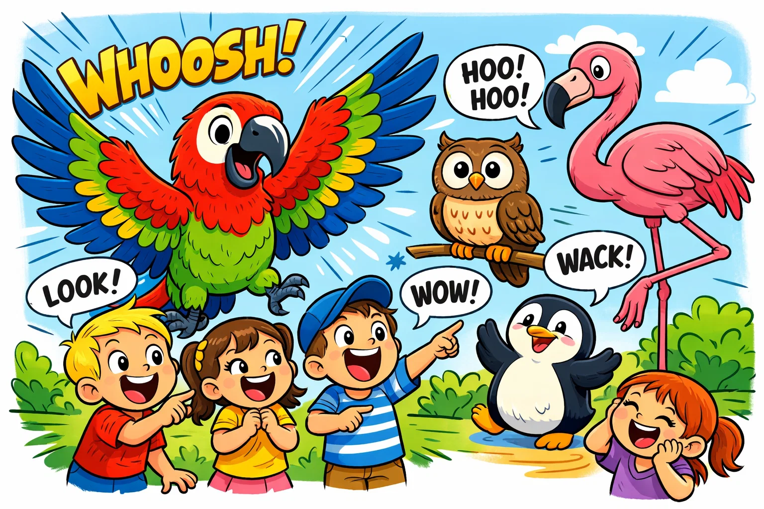 Bird trivia questions for kids with cartoon birds and happy children watching them.