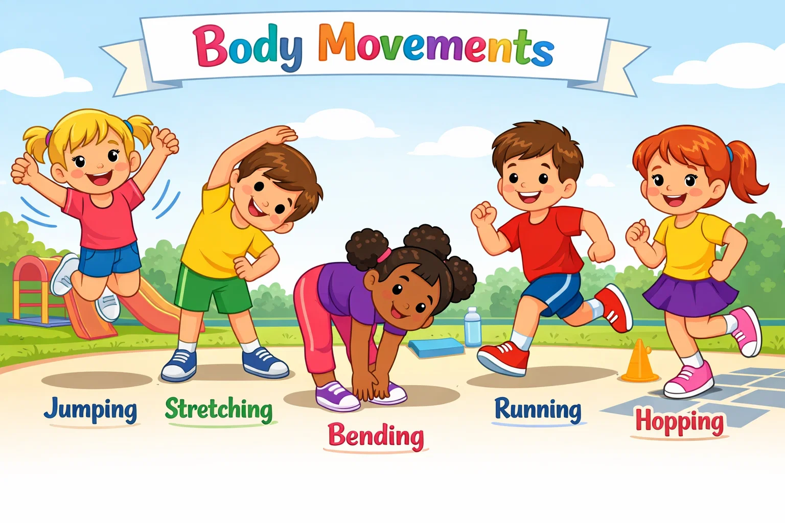 Body movement verbs for kids with children jumping, stretching, bending, and running.

