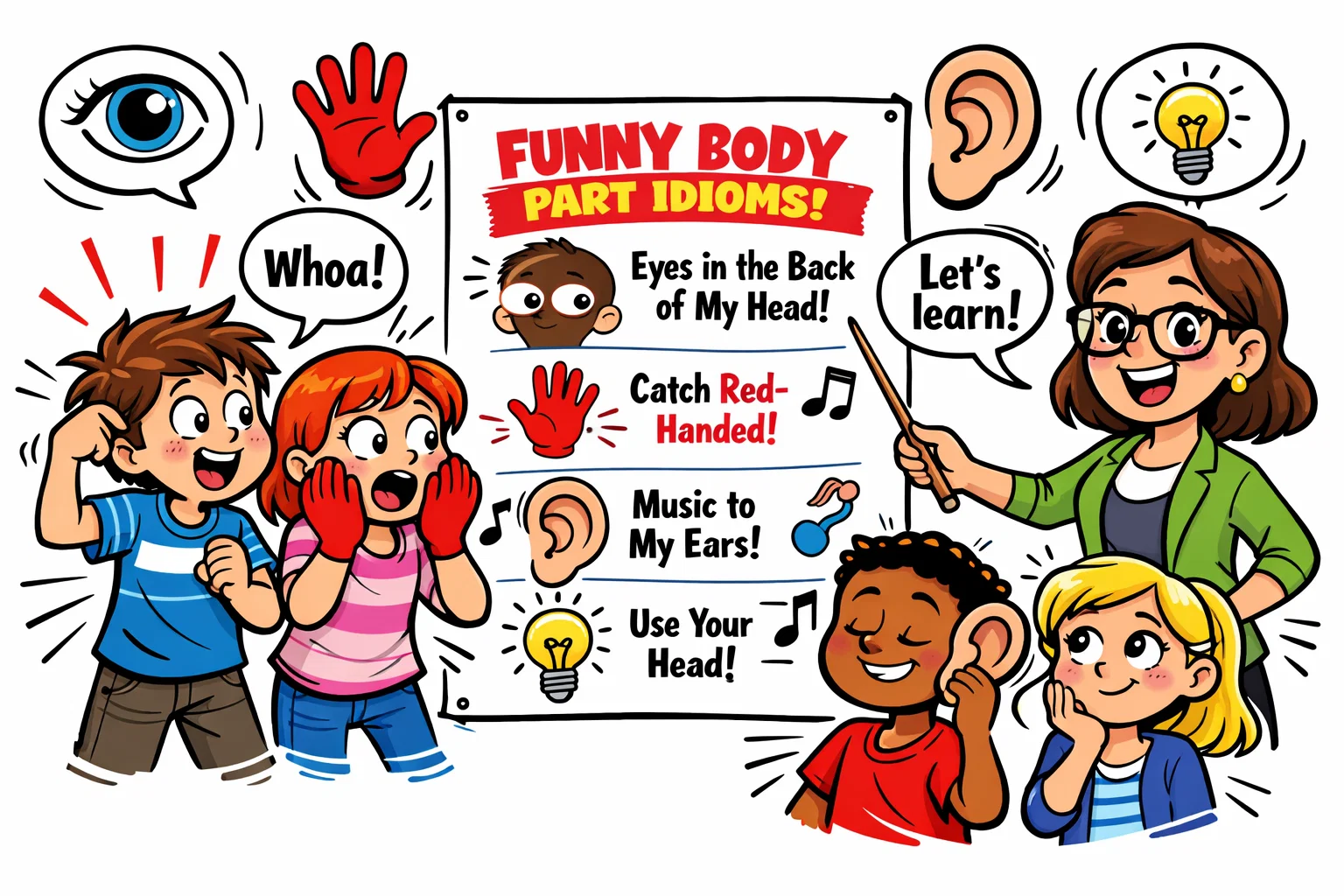 Body part idioms for kids with funny icons and simple examples.
