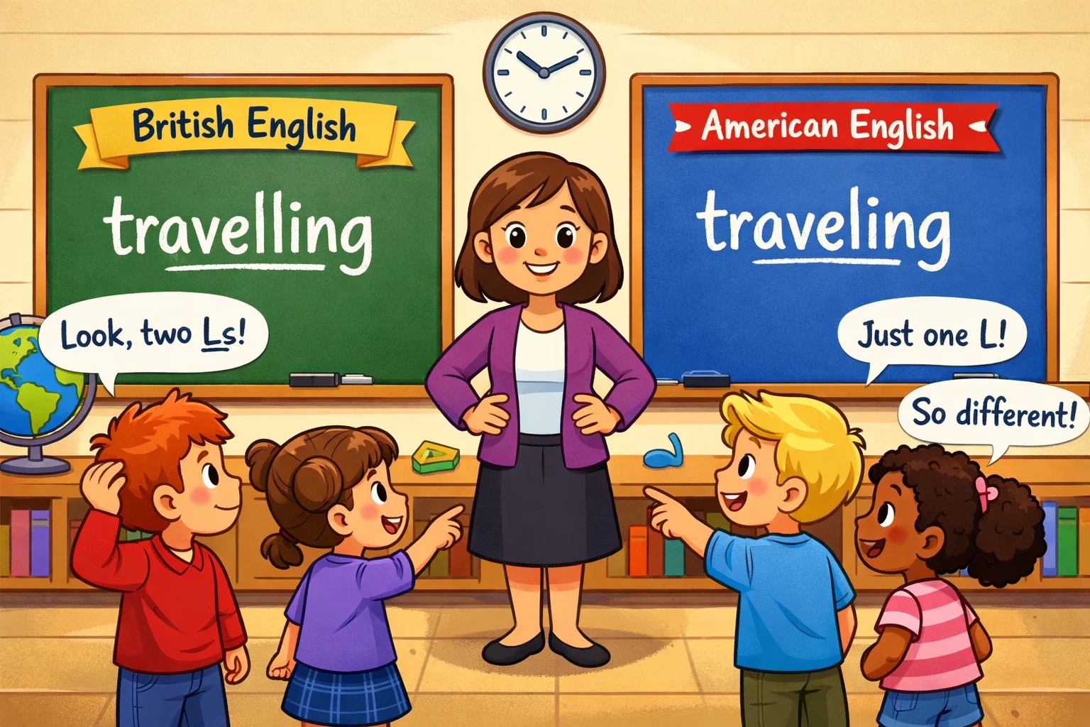  British American double consonant usage shown with travelling and traveling.
