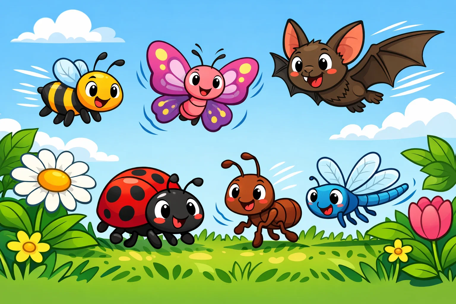  Bug bee bat facts for kids cartoon with bee, butterfly, ladybug, and bat.

