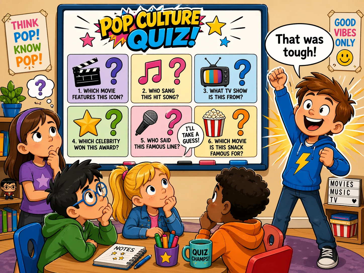 Challenging pop culture quiz questions for kids in a lively team trivia challenge.