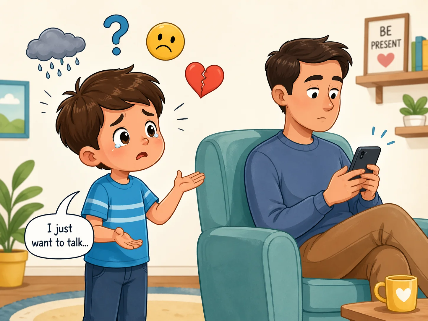 Childhood emotional neglect definition shown as a parent ignores a child's feelings.