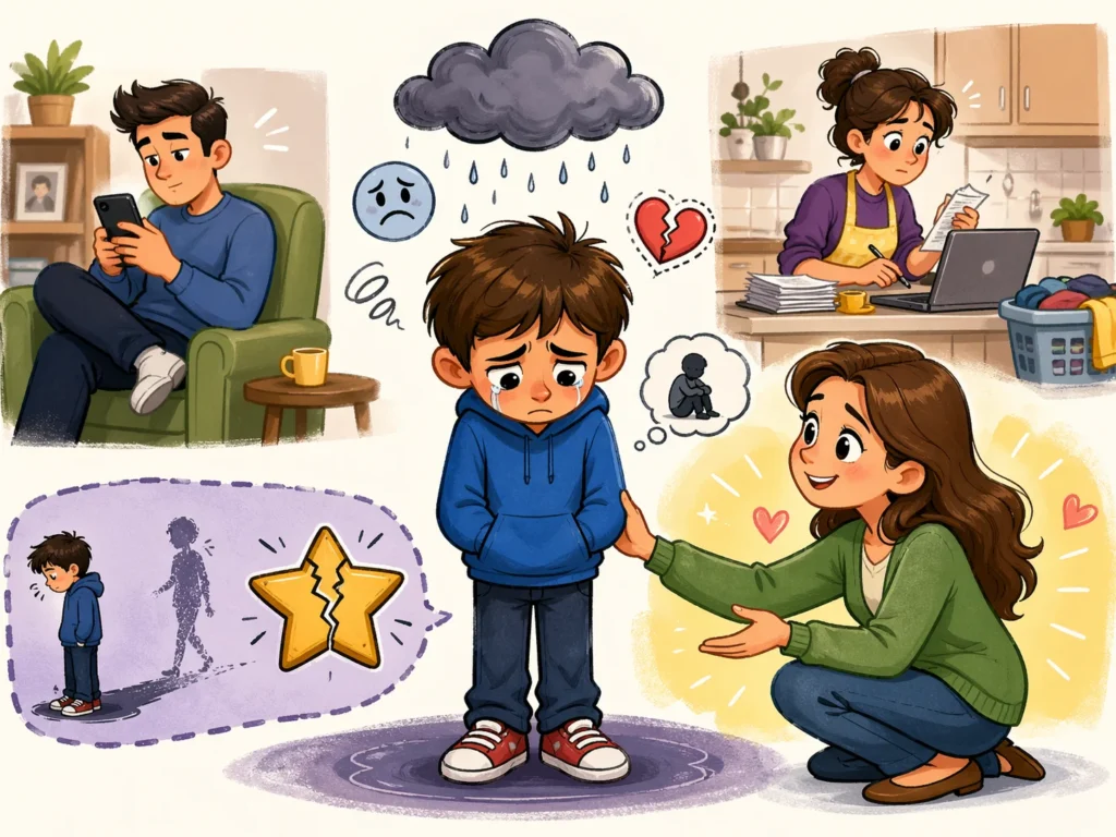 Childhood emotional neglect signs, effects, and healing shown in a family scene.