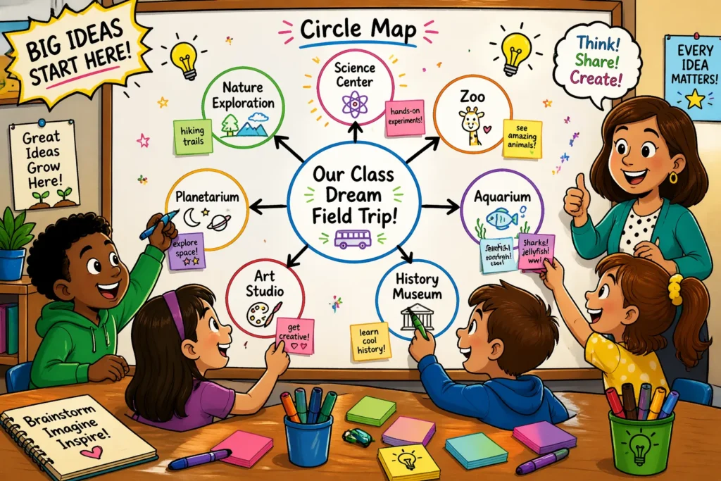 Students use a circle map graphic organizer to brainstorm ideas and connect concepts in a fun classroom activity.