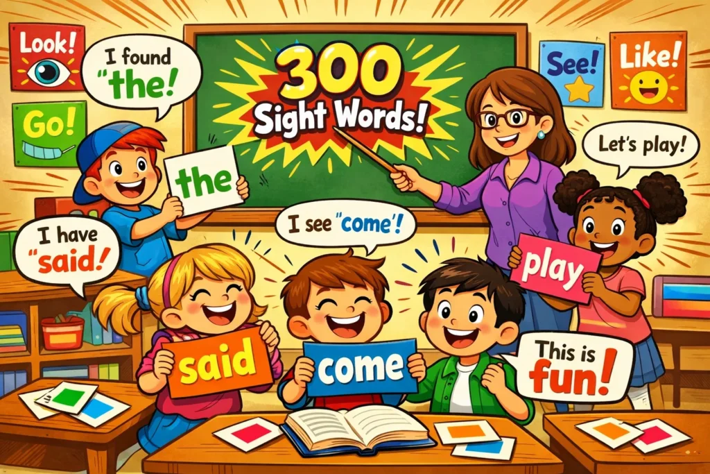 Class 1 sight words reading fluency lesson with kids and teacher in classroom.