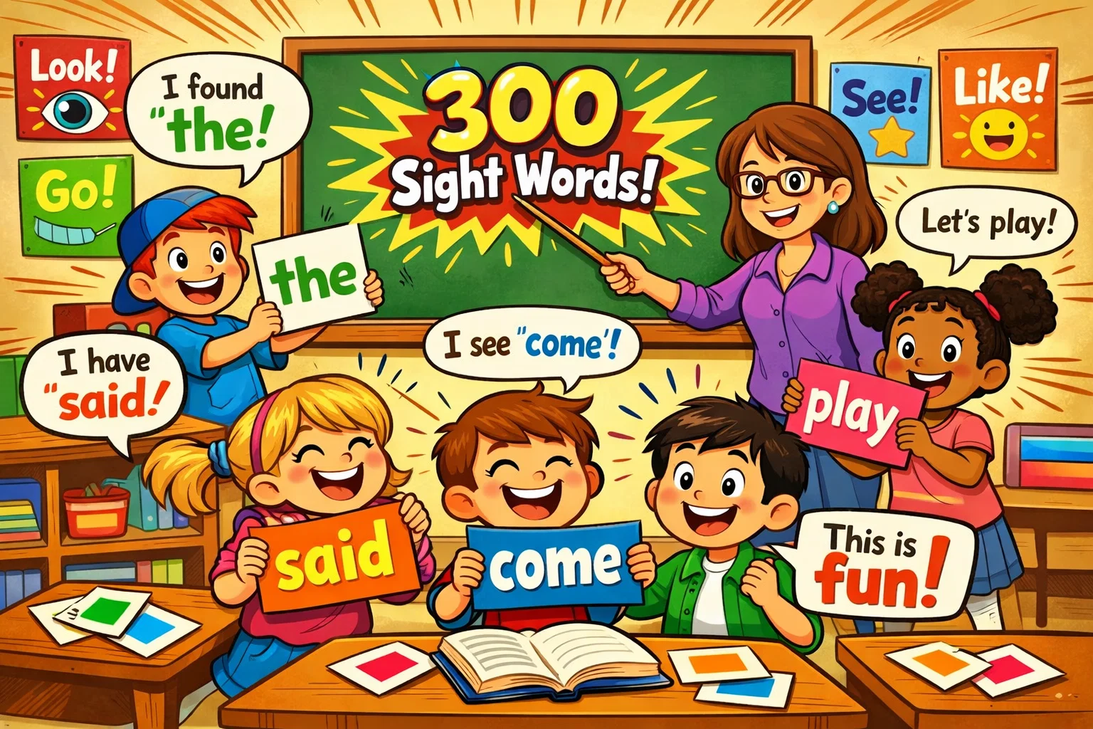 Class 1 sight words reading fluency lesson with kids and teacher in classroom.