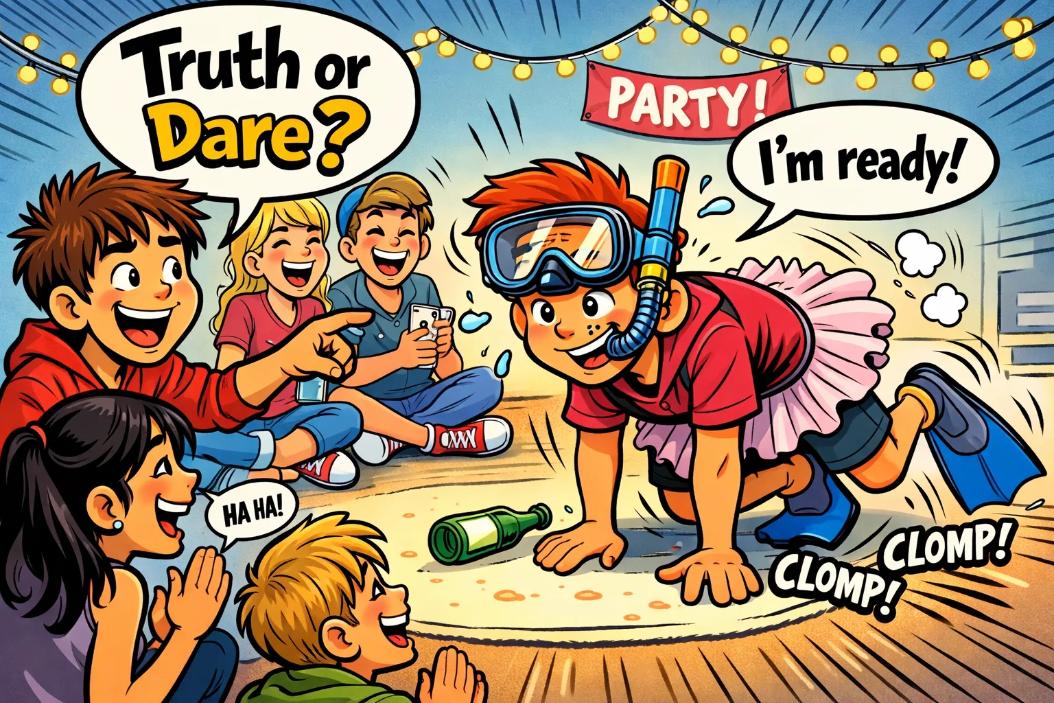 Classic truth or dare prompts for teens during a fun group party game.
