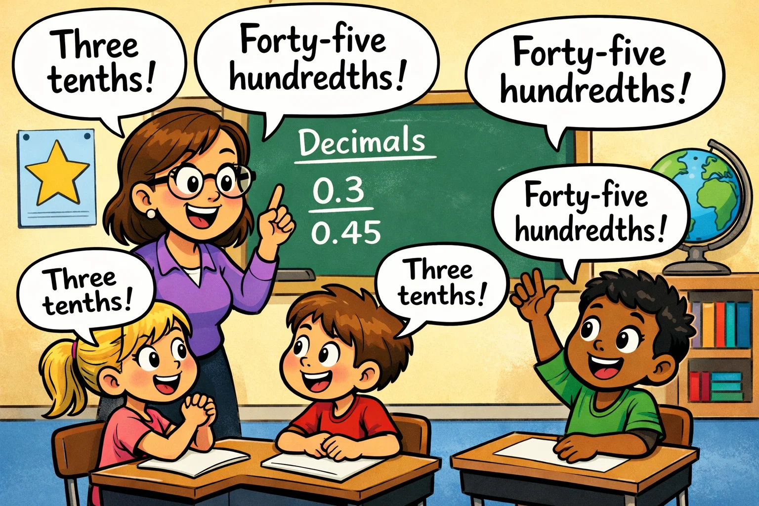 Classroom language decimals for children with teacher using tenths and hundredths.