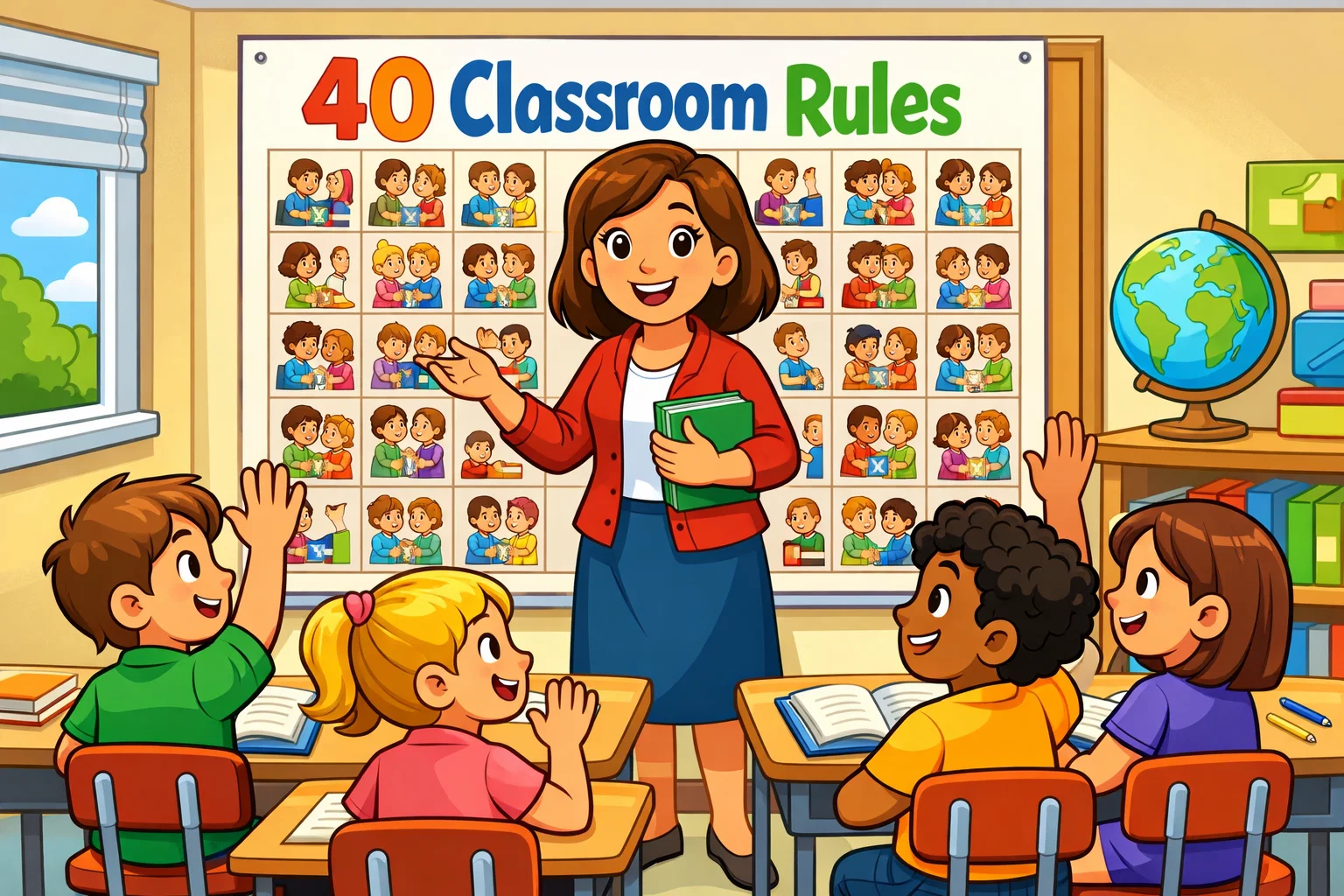 Classroom rules for demo lesson poster with teacher and students in class.