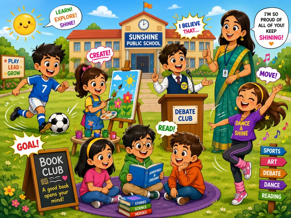 Co curricular activities for students at school with sports, art, debate, and dance.