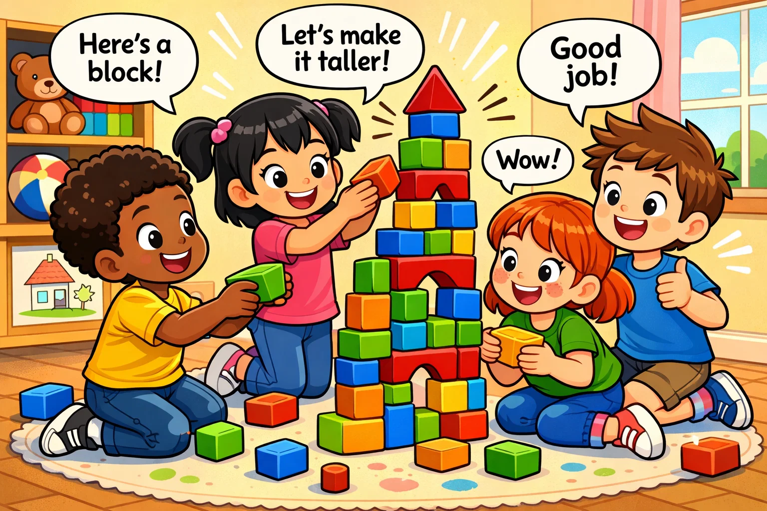  Collaborative play with kids building tower together and sharing ideas.
