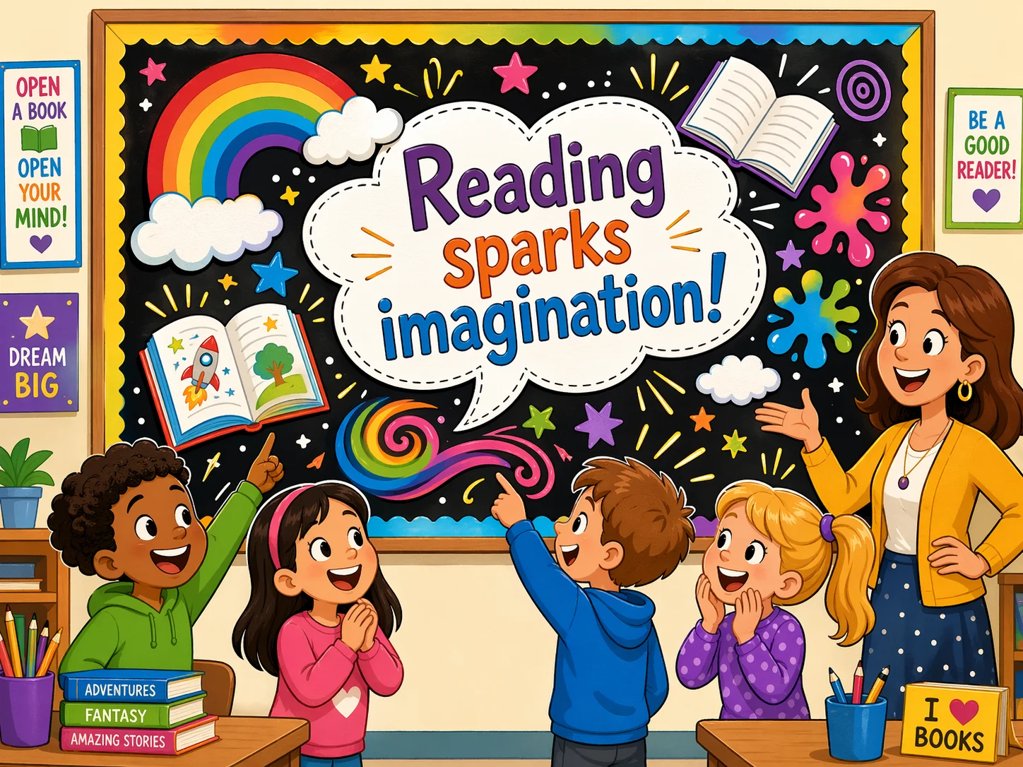 Color imagination book display with rainbow books on elementary bulletin board.